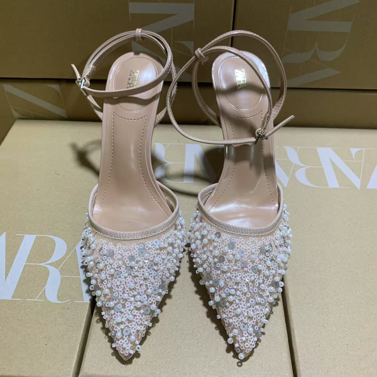 ZARA Nude Embellished Pointed-Toe Heels