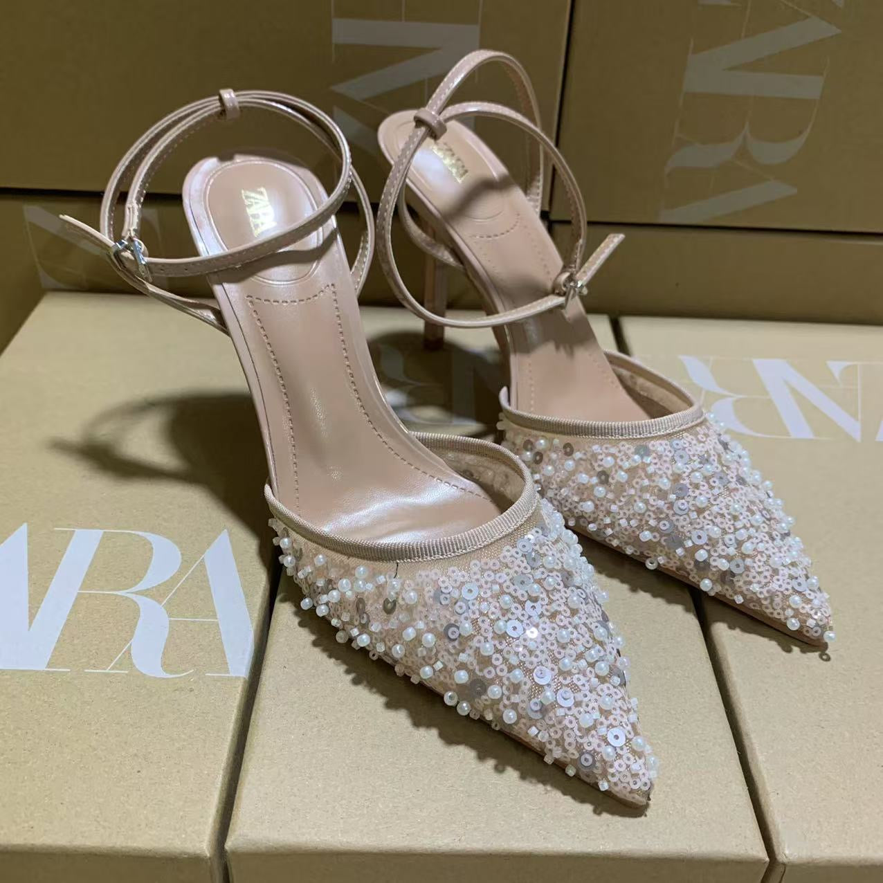 ZARA Nude Embellished Pointed-Toe Heels
