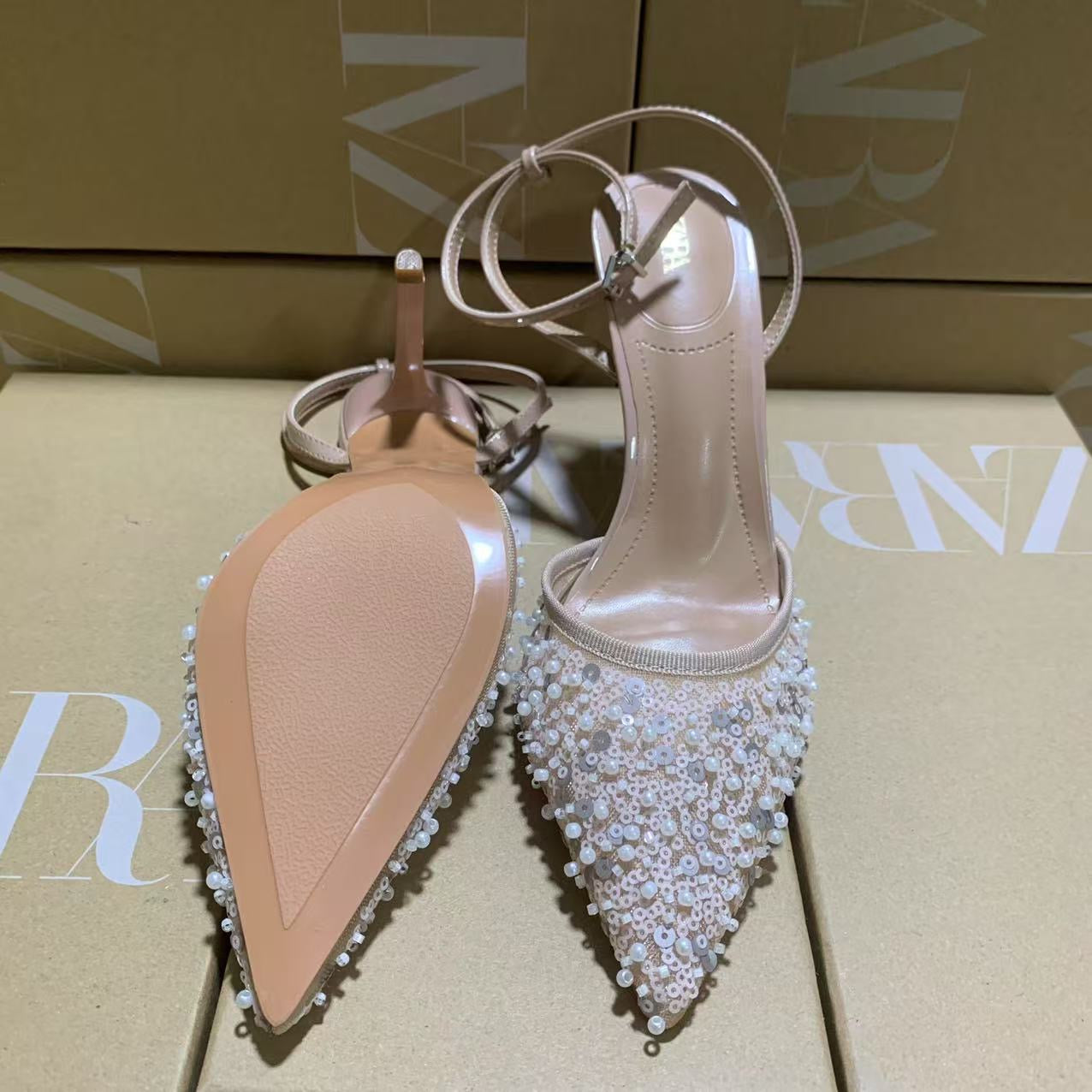 ZARA Nude Embellished Pointed-Toe Heels