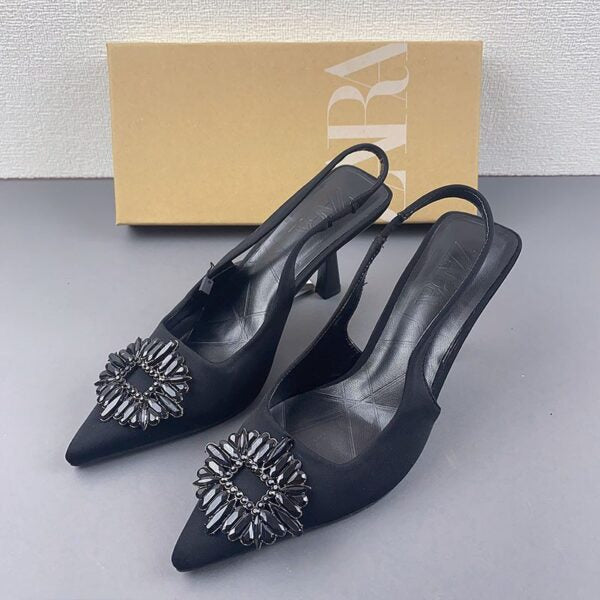 ZARA Elegant Black Slingback Heels with Embellished Toe