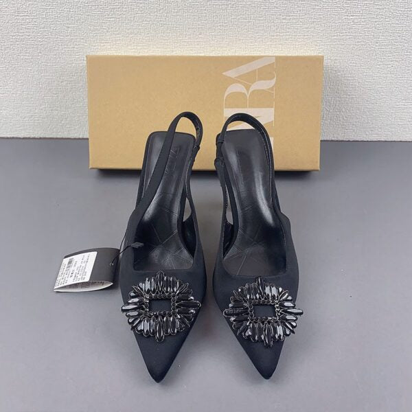 ZARA Elegant Black Slingback Heels with Embellished Toe