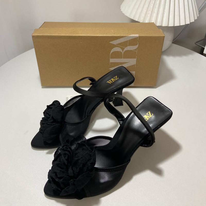 ZARA Black Satin Floral Heels