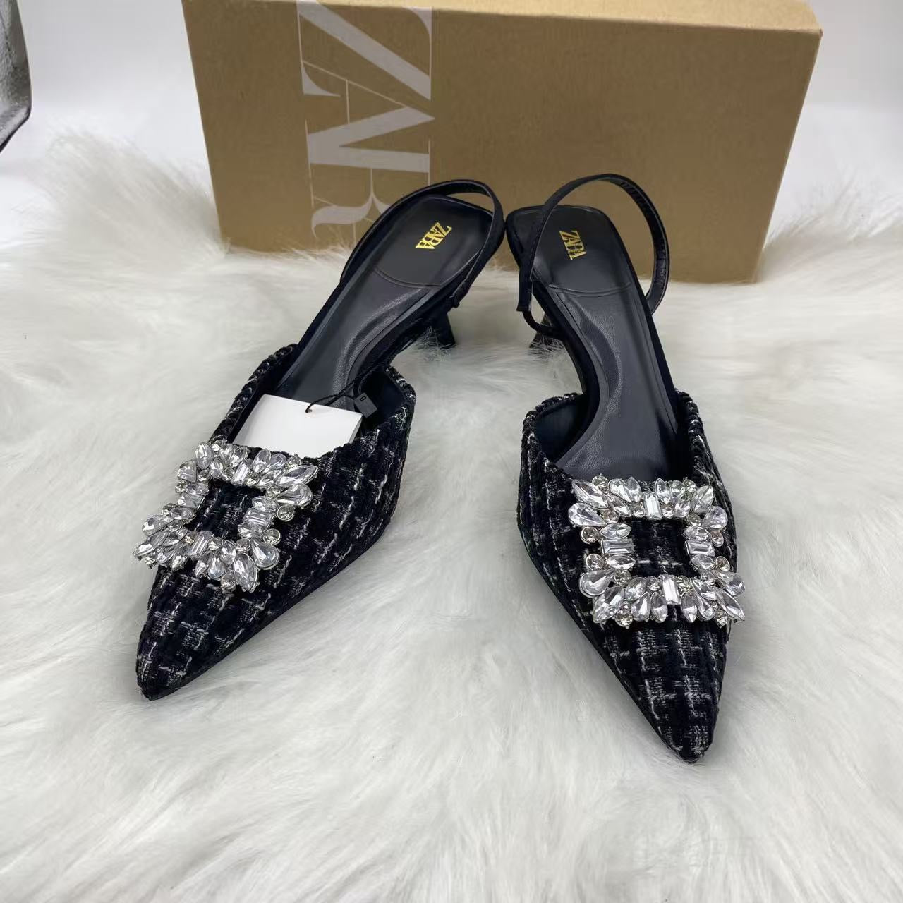 ZARA sandal with black toe in rhinestones fabric Heels