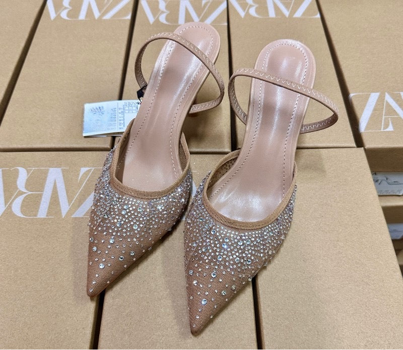 ZARA Elegant Nude Crystal-Embellished Pointed Heels