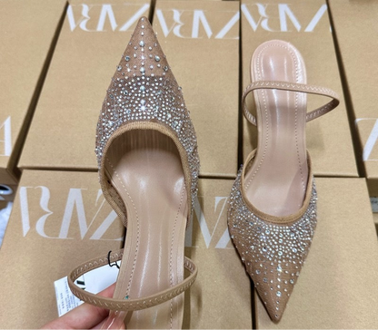 ZARA Elegant Nude Crystal-Embellished Pointed Heels
