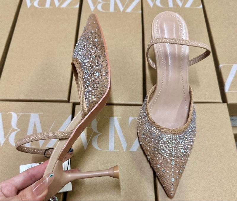 ZARA Elegant Nude Crystal-Embellished Pointed Heels