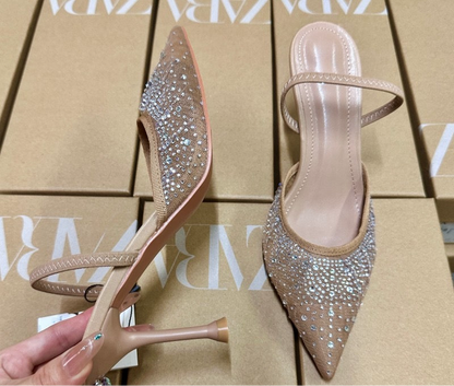 ZARA Elegant Nude Crystal-Embellished Pointed Heels