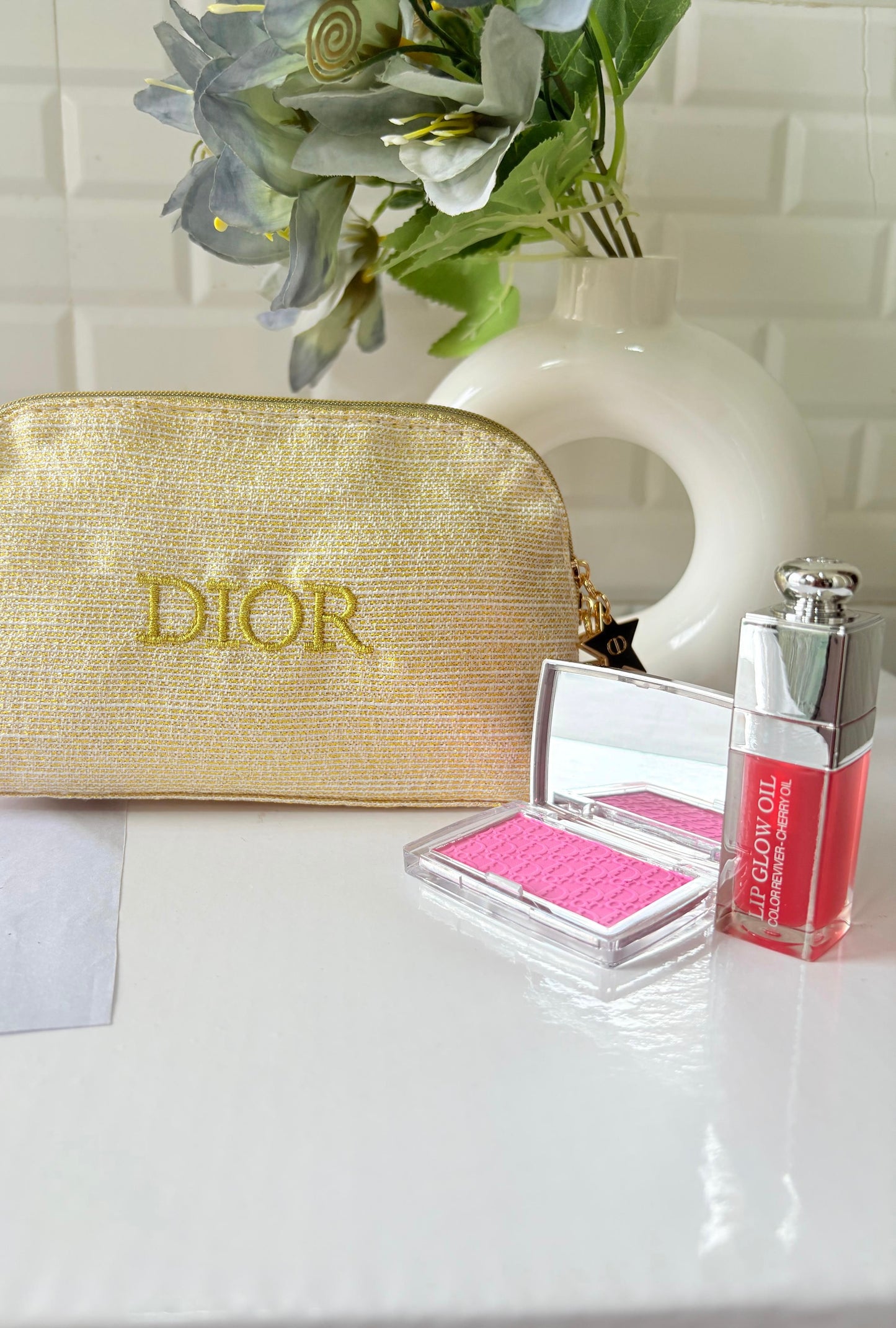 Dior Holiday Limited Edition Novelty Pouch Gold Logo Charms with blush and lipoil
