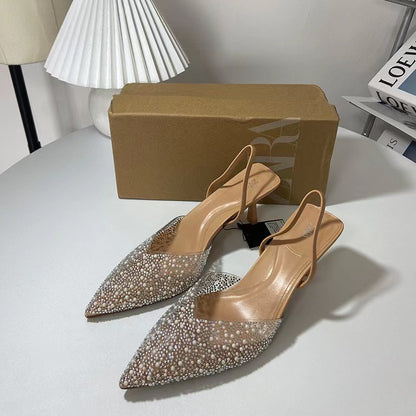 Zara Women's High Heel Sandals Transparent Pointed Toe Elegant Women's Fashion Shoes Pearl