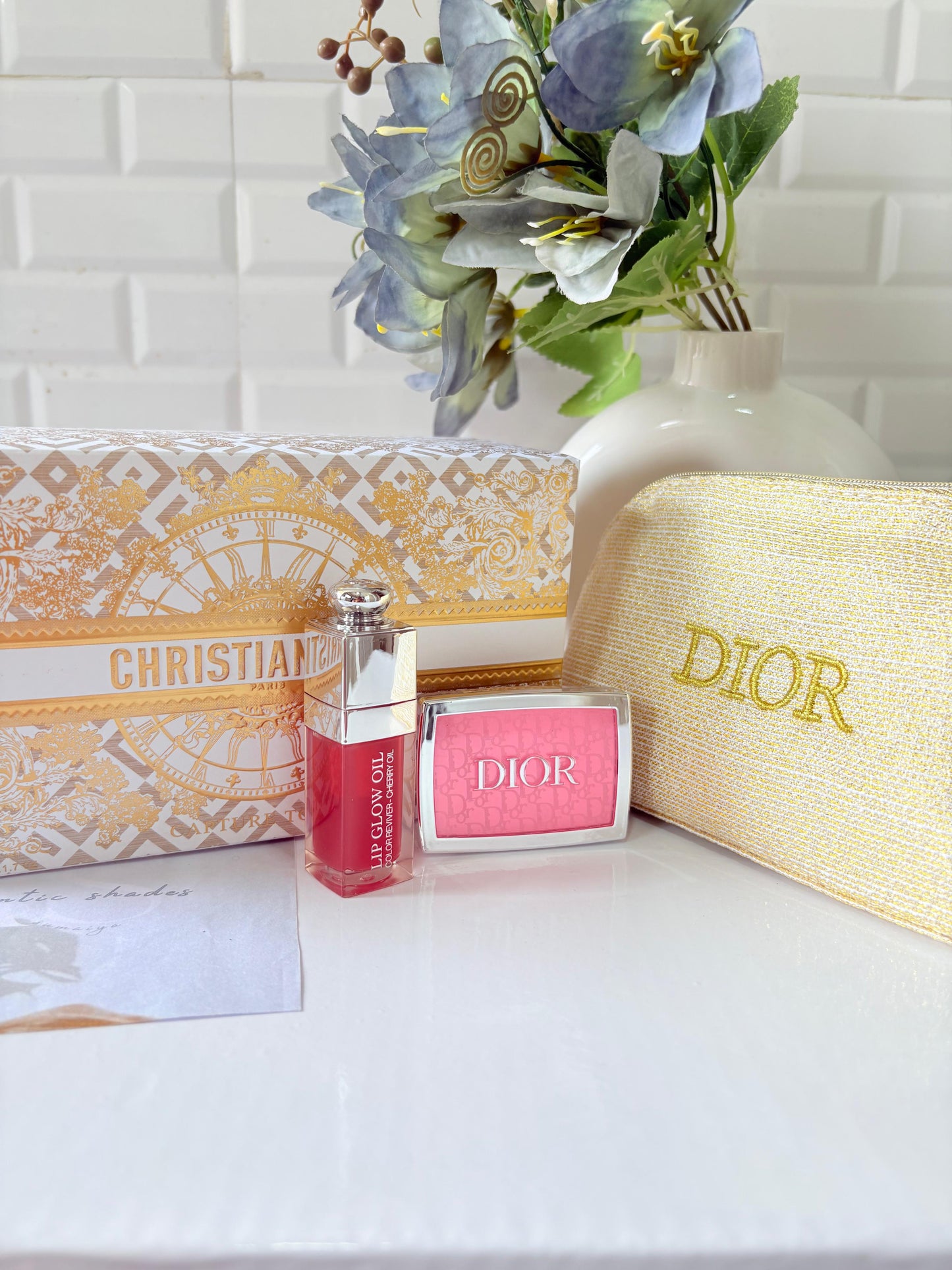 Dior Holiday Limited Edition Novelty Pouch Gold Logo Charms with blush and lipoil