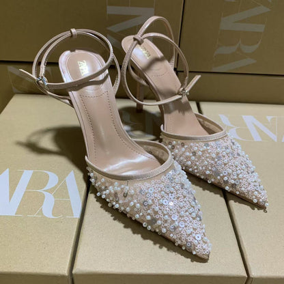 ZARA Nude Embellished Pointed-Toe Heels