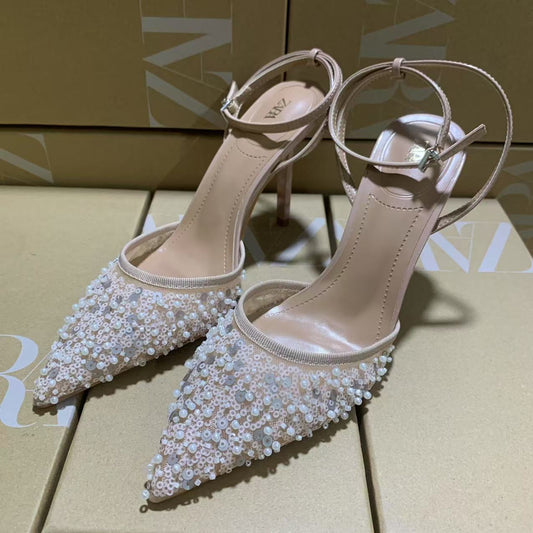 ZARA Nude Embellished Pointed-Toe Heels