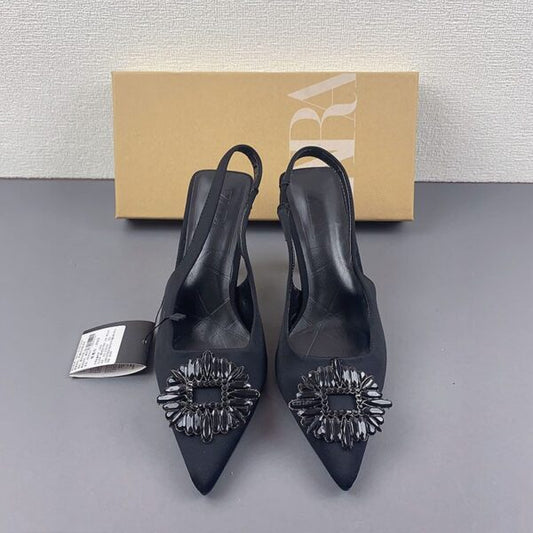 ZARA Elegant Black Slingback Heels with Embellished Toe