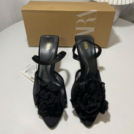 ZARA Black Satin Floral Heels