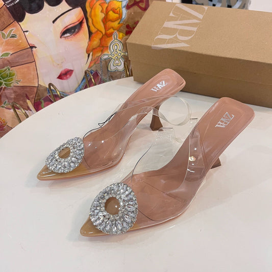 Zara vinyl heeled slingback shoes with rhinestone