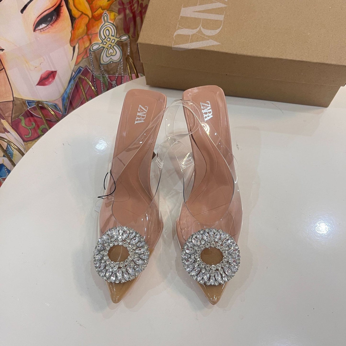 Zara vinyl heeled slingback shoes with rhinestone