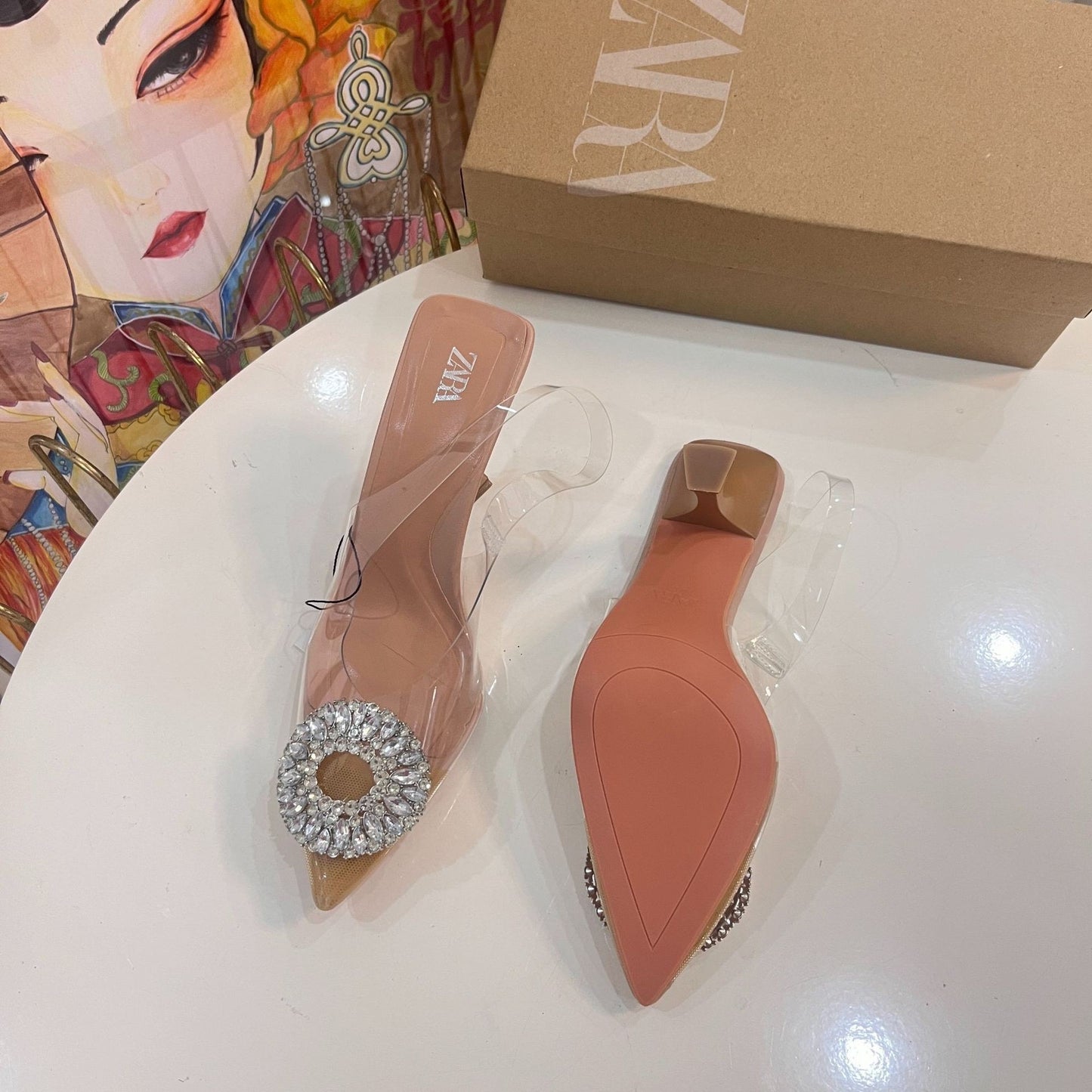 Zara vinyl heeled slingback shoes with rhinestone